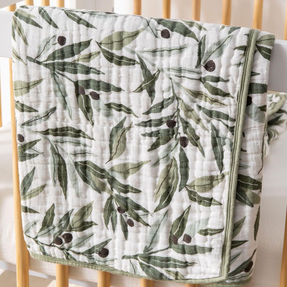 New Haus Olive Branches Muslin Quilt in Green and White, , large
