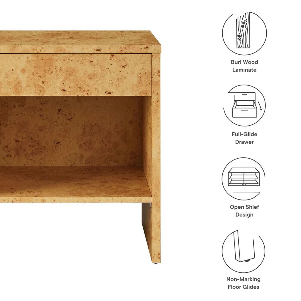 Modway Hudson 1 Drawer Burl Wood Nightstand With Shelf in Natural, , large