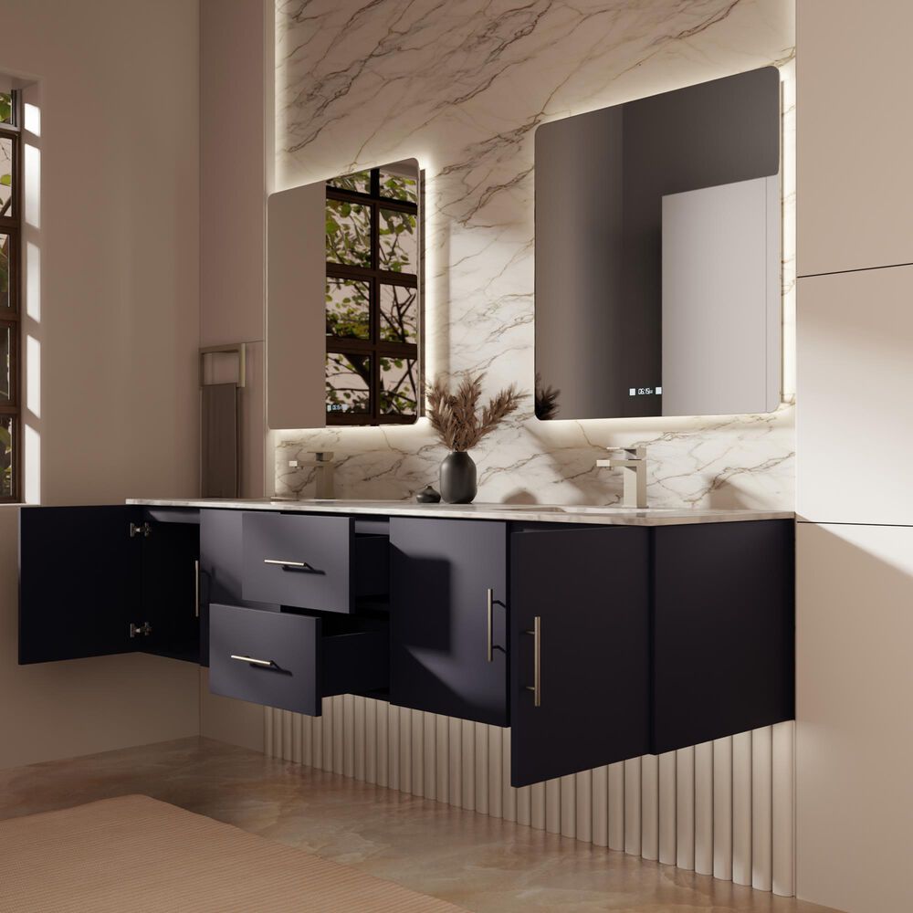 Lexora Home Geneva 80" Double Bathroom Vanity in Navy Blue with 2 cm White Carrara Marble Top and Rectangular Sinks, , large