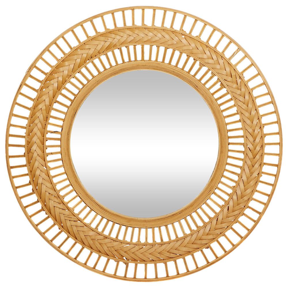 Maple and Jade 36" Round Rattan Tribal Handmade Intricately Weaved Wall Mirror in Light Brown, , large