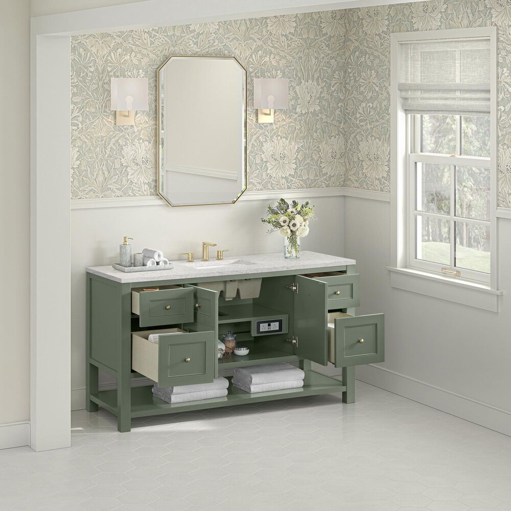 James Martin Vanities Breckenridge 60" Single Bathroom Vanity in Smokey Celadon with 3 cm Eternal Jasmine Pearl Quartz Top, Rectangular Sink and FreePower Wireless Charger, , large
