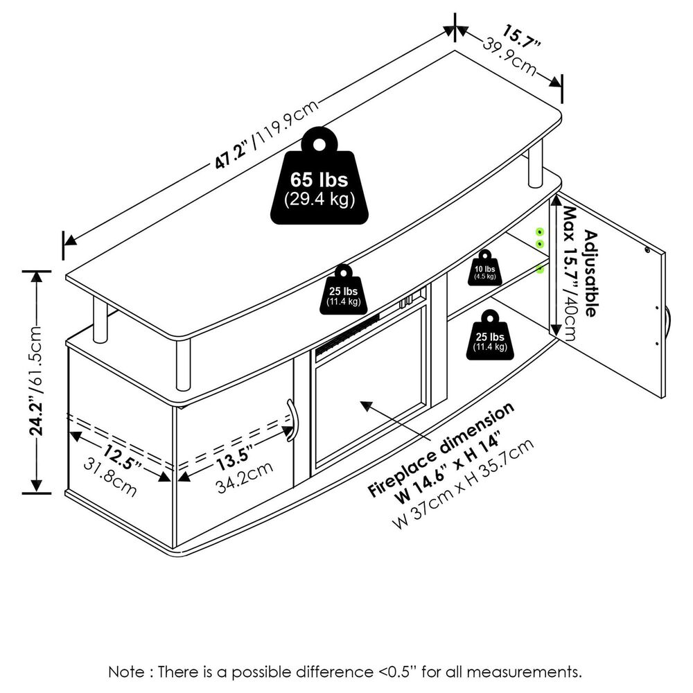 HOMLUX 47" TV Stand with Electric Fireplace and 2 Doors in White and Black, , large