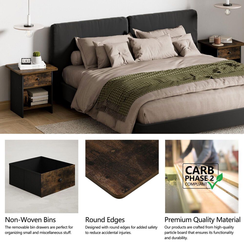 HOMLUX 1-Drawer Modern Nightstand with Open Shelf in Amber Pine and Black, , large