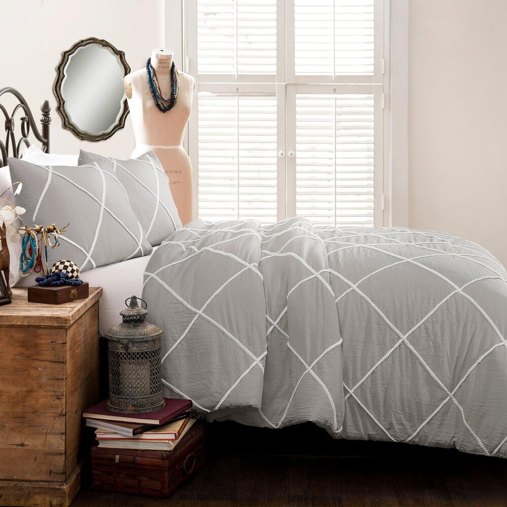 Triangle Home Fashions Diamond Pom 3-Piece King Comforter Set in Gray, , large