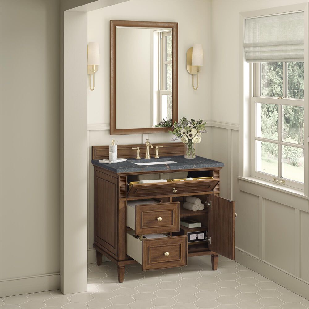 James Martin Vanities Lorelai 36&quot; Single Vanity in Mid-Century Walnut with 3 cm Parisien Bleu Quartz Top, , large