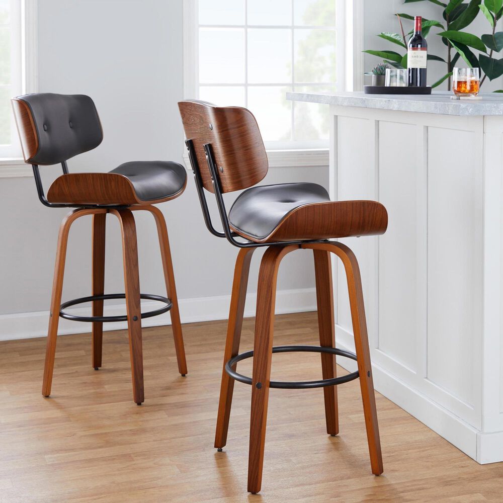 LumiSource Lombardi 30" Swivel Barstool with Grey Faux Leather Upholstery in Walnut and Black (Set of 2), , large
