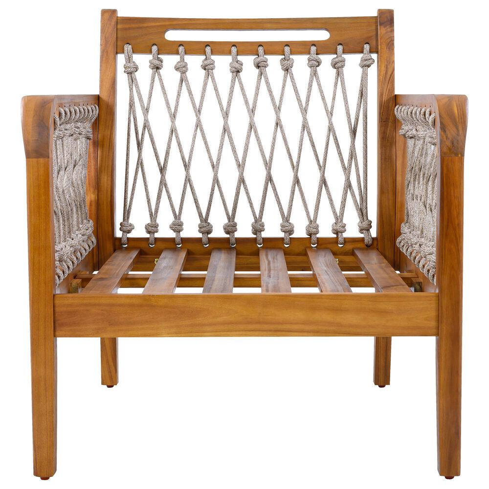 Hearth and Haven Outdoor Club Chair with Handwoven Rope Armrest and Light Teak Frame in Cream, , large