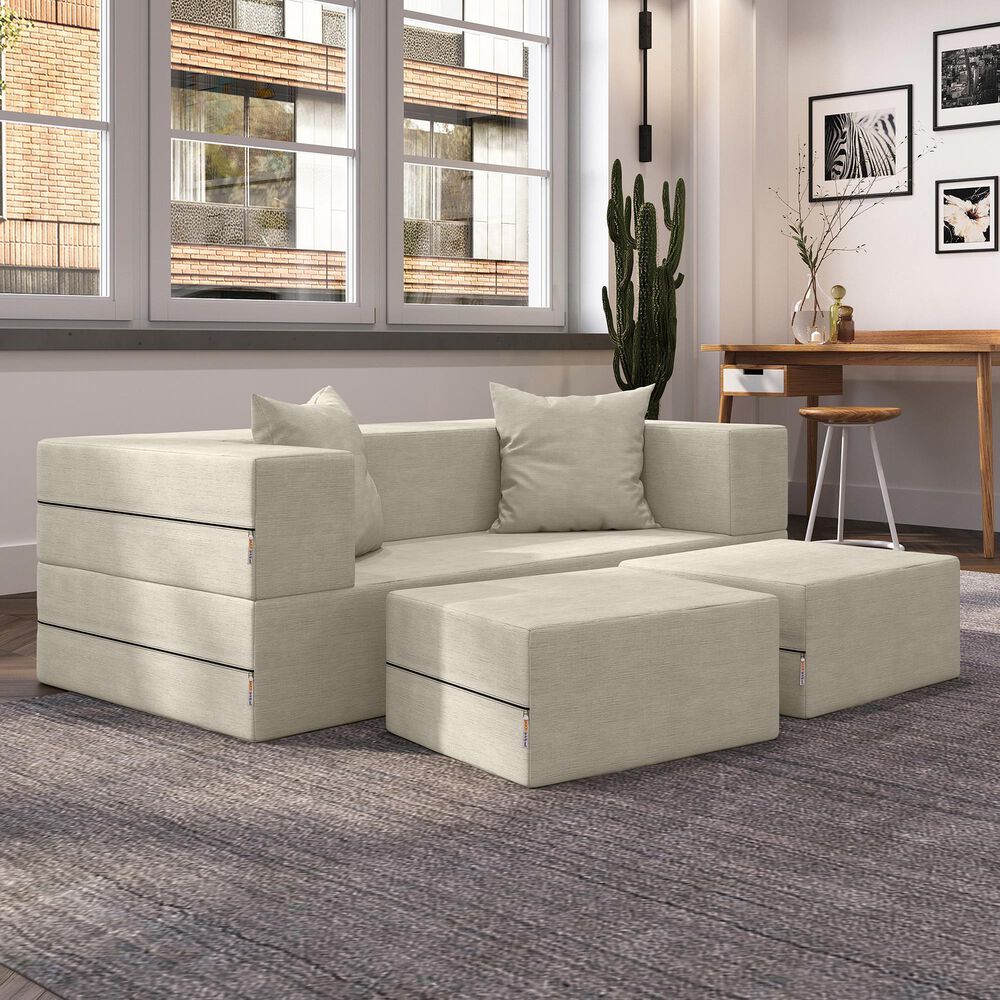 Jaxx Zipline 3-Piece Stationary Convertible Sleeper Loveseat in Ivory Velvet, , large