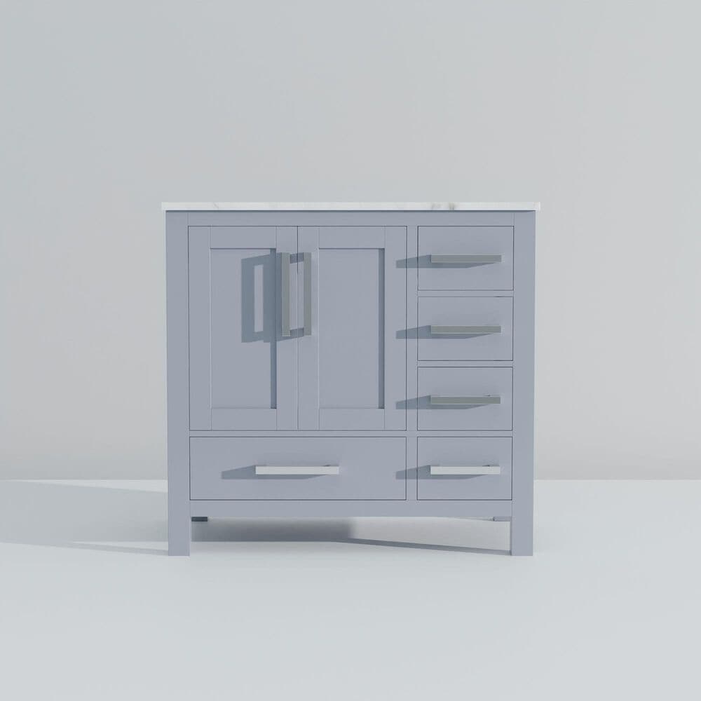 Lexora Home Jacques 36&quot; Left Offset Single Bathroom Vanity in Dark Grey with 2 cm White Carrara Marble Top and Rectangular Sink, , large