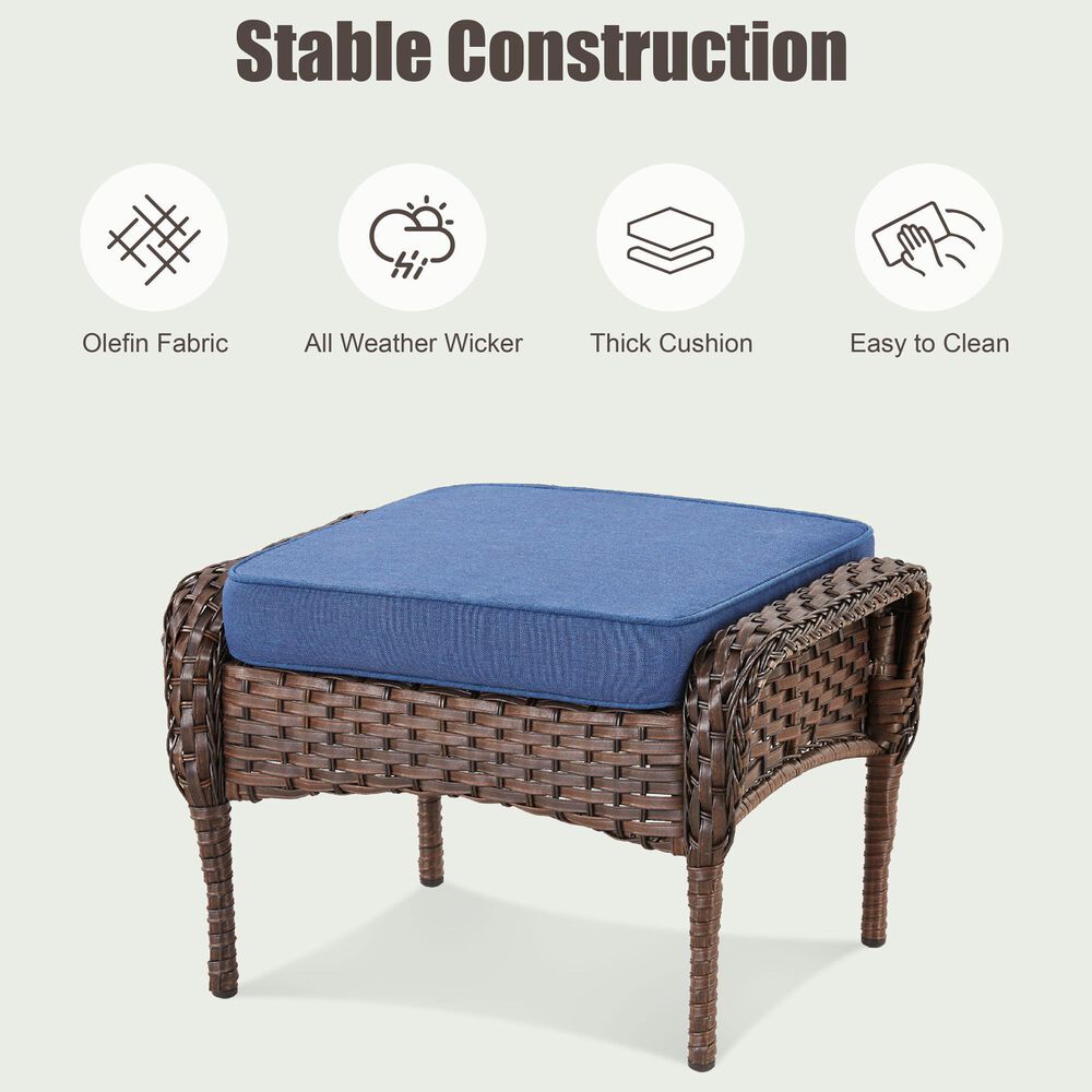 Hearth and Haven Patio Wicker Ottoman with Brown Rattan in Blue (Set of 2), , large