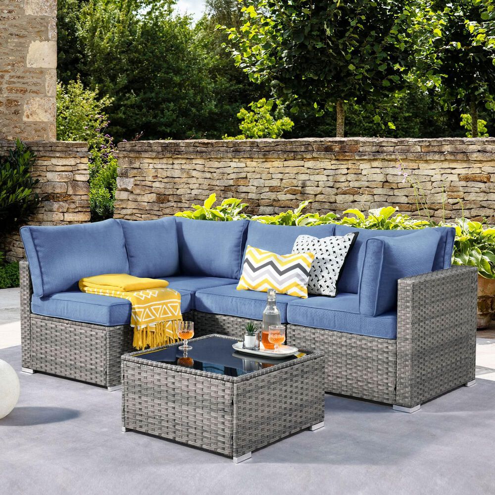 HOMLUX 5-Piece Patio Conversation Set with Grey Wicker in Denim Blue, , large