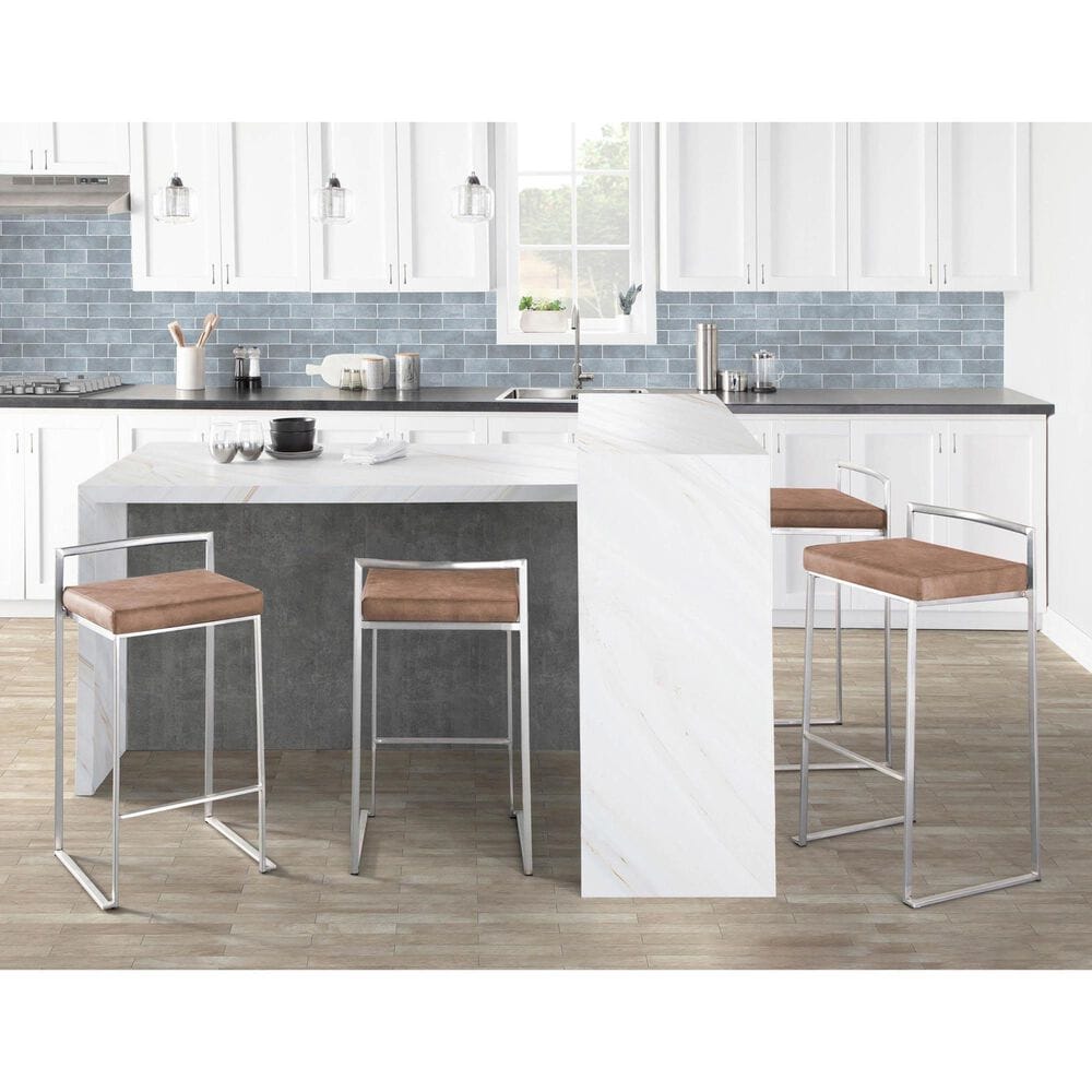 LumiSource Fuji 30" Stacker Bar Stool with Brown Cowboy Upholstery in Stainless Steel (Set of 2), , large