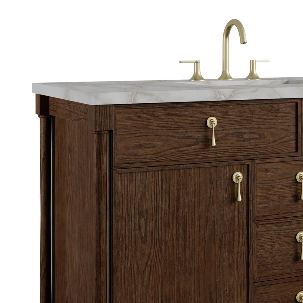 James Martin Kinnsden 48" Single Bathroom Vanity in Sable Oak with 3 cm Victorian Silver Silestone Top, Rectangular Sink and FreePower Wireless Charger, , large