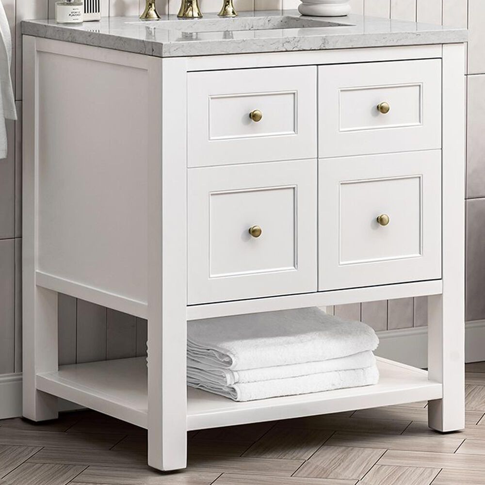 James Martin Vanities Breckenridge 30&quot; Single Bathroom Vanity in Bright White with 3 cm Eternal Jasmine Pearl Quartz Top and Rectangular Sink, , large