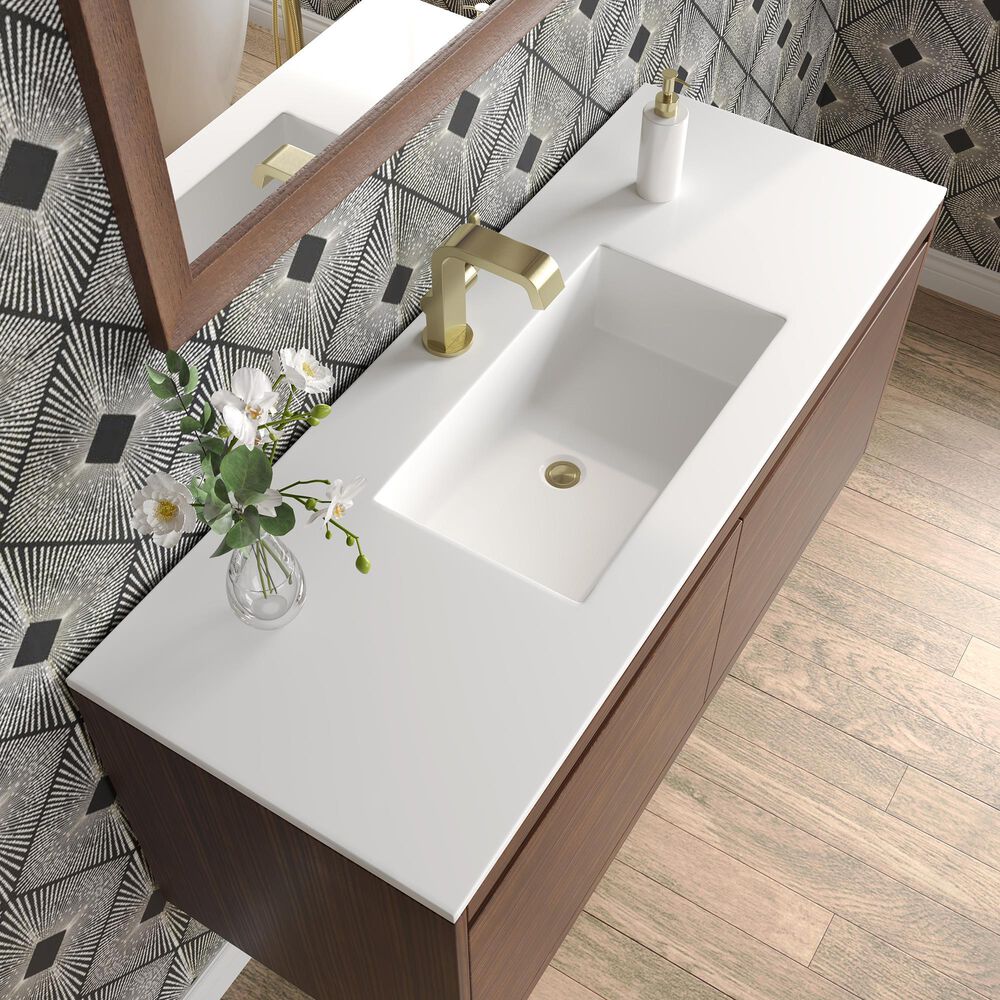 James Martin Vanities Mantova 47.3&quot; Single Vanity in Mid-Century Walnut and Champagne Brass with 3 cm Glossy White Composite Stone Top and Rectangular Sink, , large