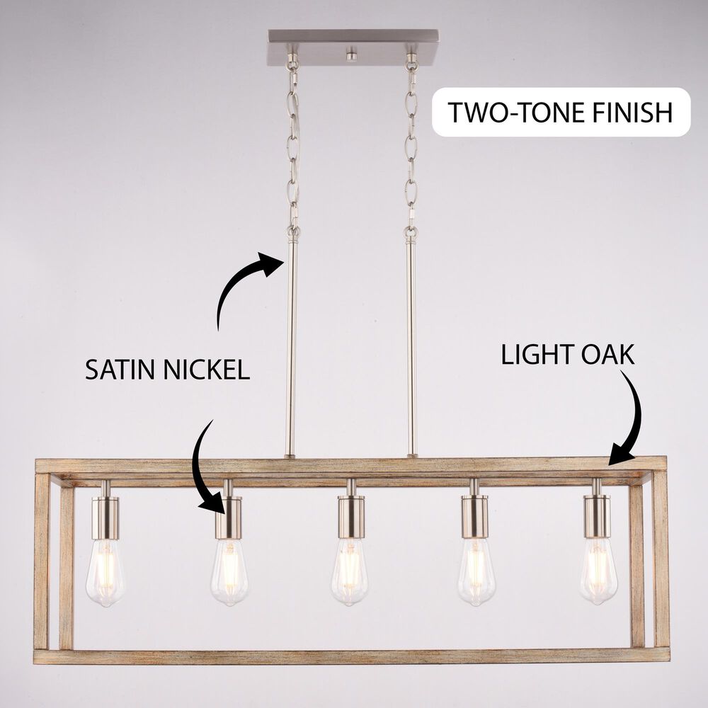 Vaxcel Pratt 5-Light Linear Chandelier in Satin Nickel and Light Oak, , large