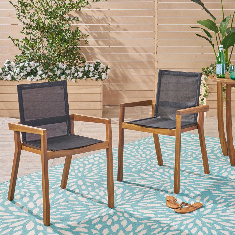 Hearth and Haven Belfast Outdoor Dining Chair with Teak Frame in Black &#40;Set of 2&#41;, , large