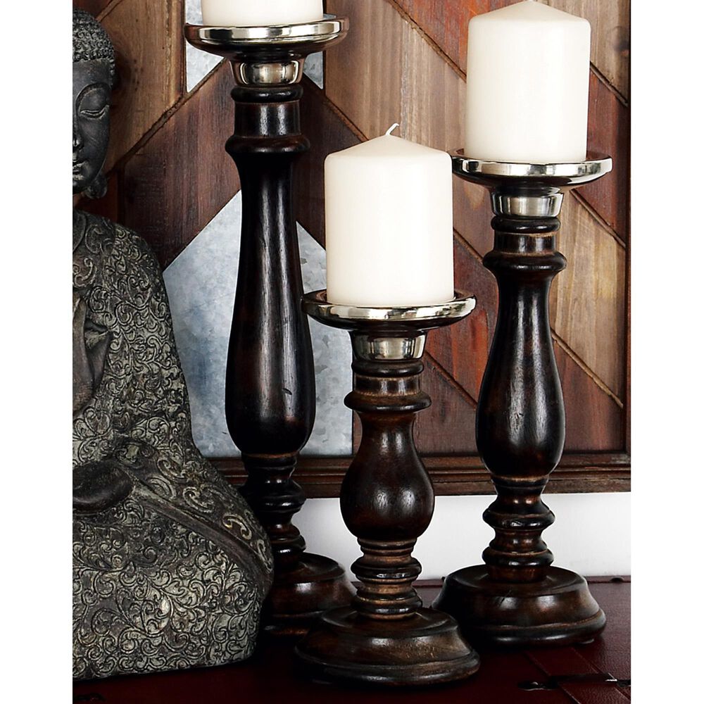 Maple and Jade Mango Wood Candle Holder in Dark Brown and Silver &#40;Set of 3&#41;, , large