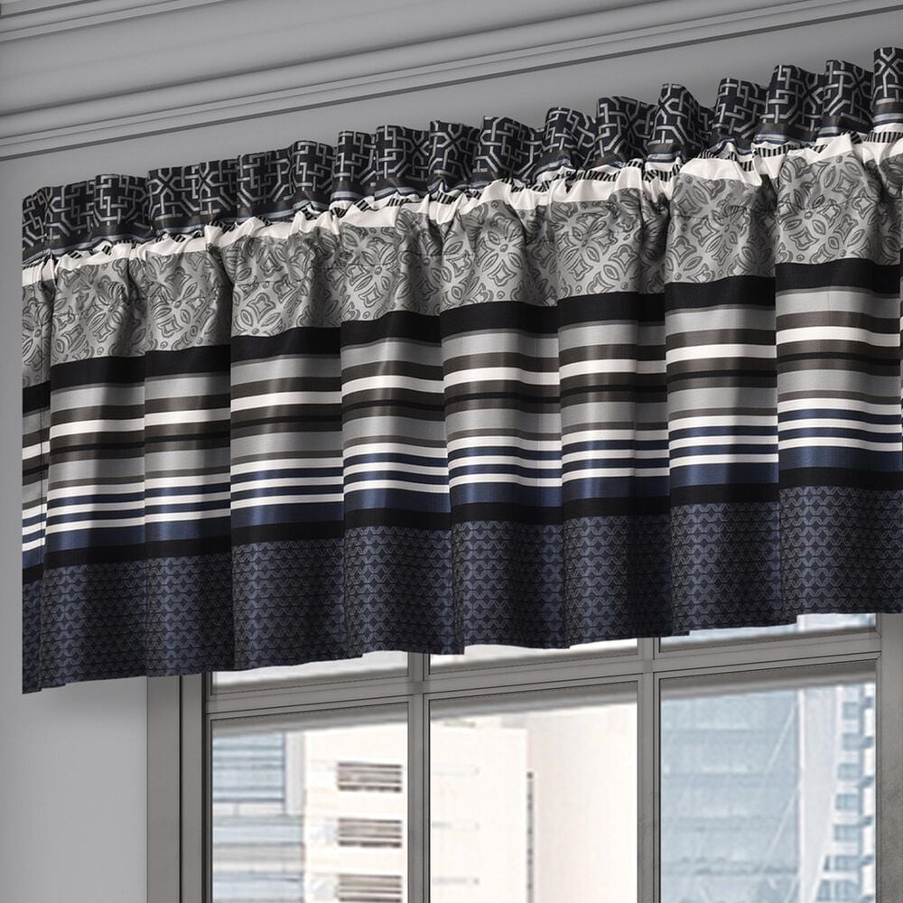 J. Queen New York Carlisle 88&quot; x 18&quot; Window Straight Valance in Silver and Indigo Blue, , large
