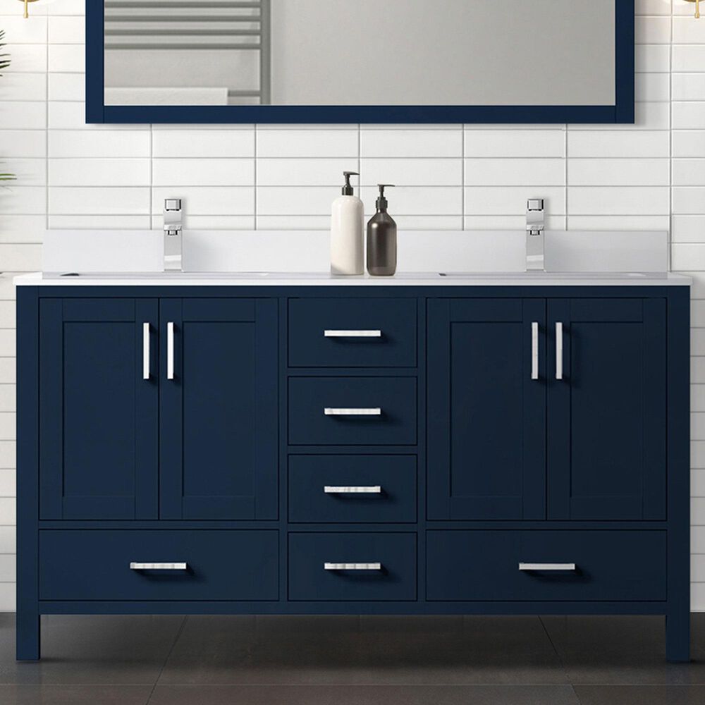 Lexora Home Jacques 60&quot; Double Bathroom Vanity in Navy Blue with 2 cm White Cultured Marble Top and Rectangular Sinks, , large