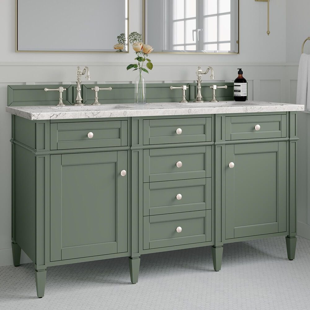 James Martin Vanities Brittany 60&quot; Double Bathroom Vanity in Smokey Celadon with 3 cm Eternal Jasmine Pearl Quartz Top and Rectangular Sinks, , large