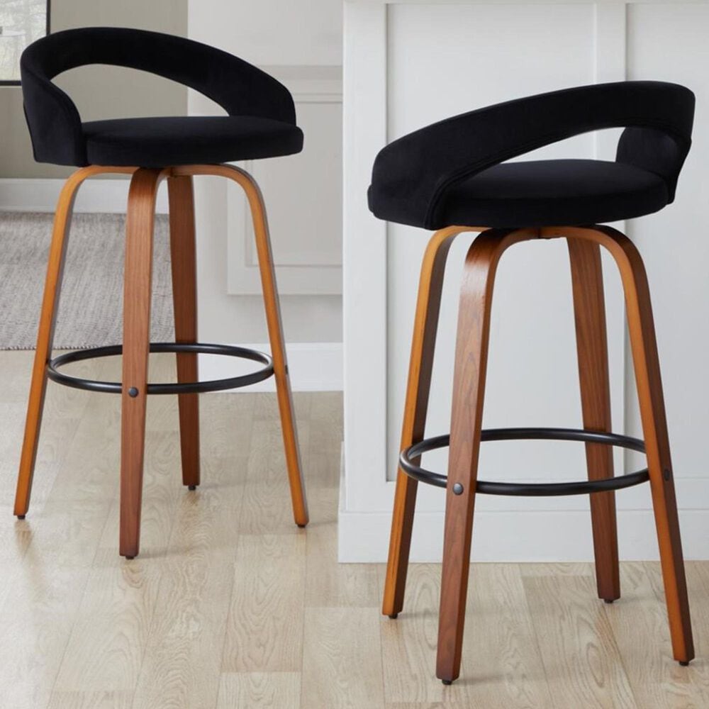 LumiSource Grotto Swivel Bar Stool with Black Velvet Upholstery in Walnut Wood and Black (Set of 2), , large