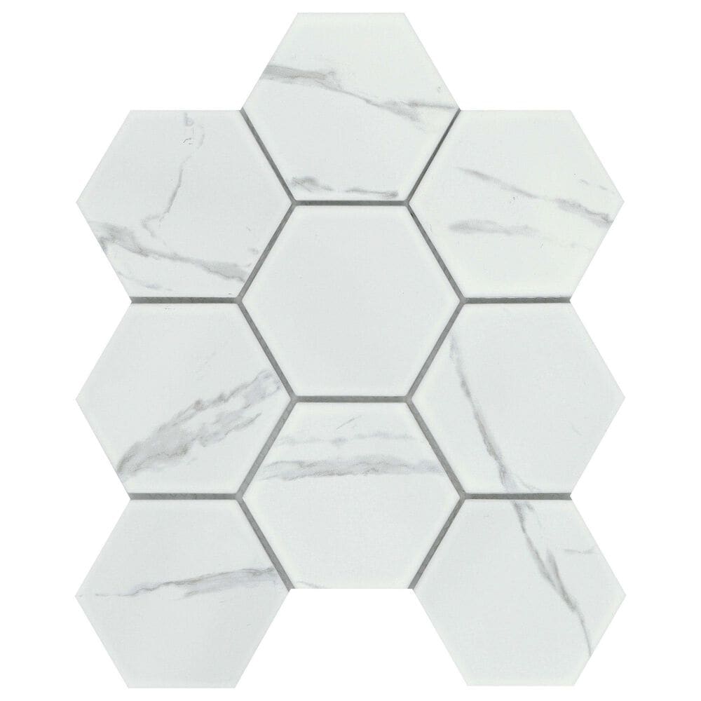Emser Elegan Calacata 4" x 4" Hexagon on 10" x 11" Porcelain Mosaic Sheet, , large
