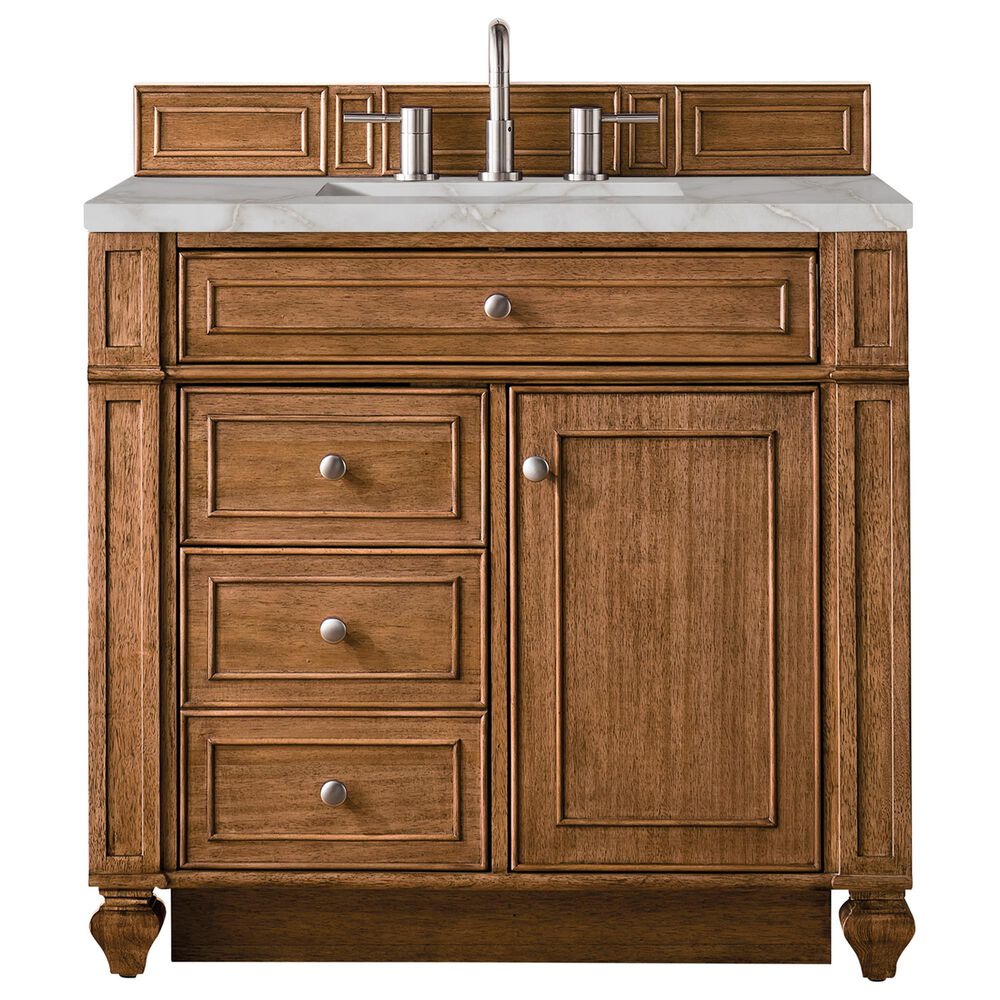James Martin Vanities Bristol 36" Single Bathroom Vanity in Saddle Brown with 3 cm Victorian Silver Quartz Top and Rectangular Sink, , large