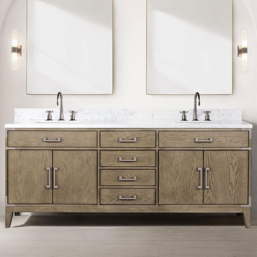 Lexora Home Laurel 80&quot; Double Bathroom Vanity in Grey Oak with White Carrara Marble Top and Rectangular Sinks, , large