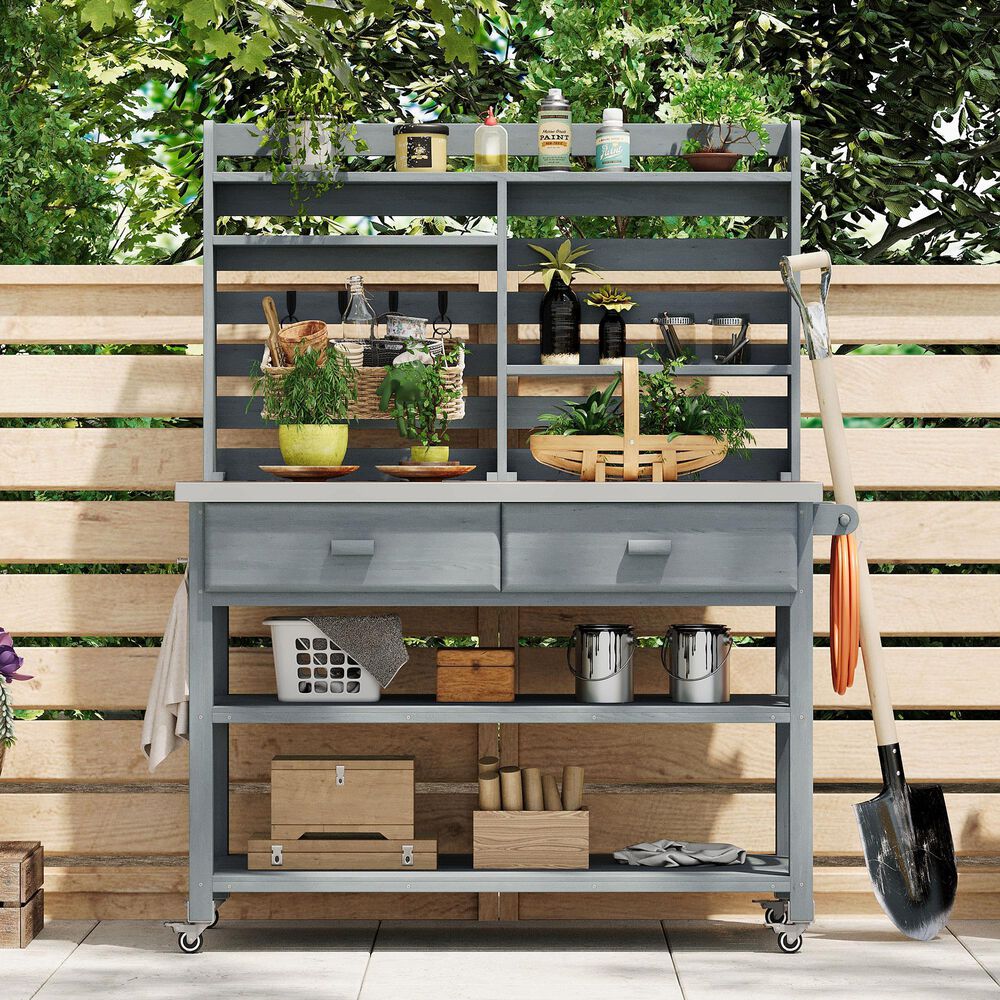 HOMLUX 65" Outdoor Potting Bench Table in Grey, , large