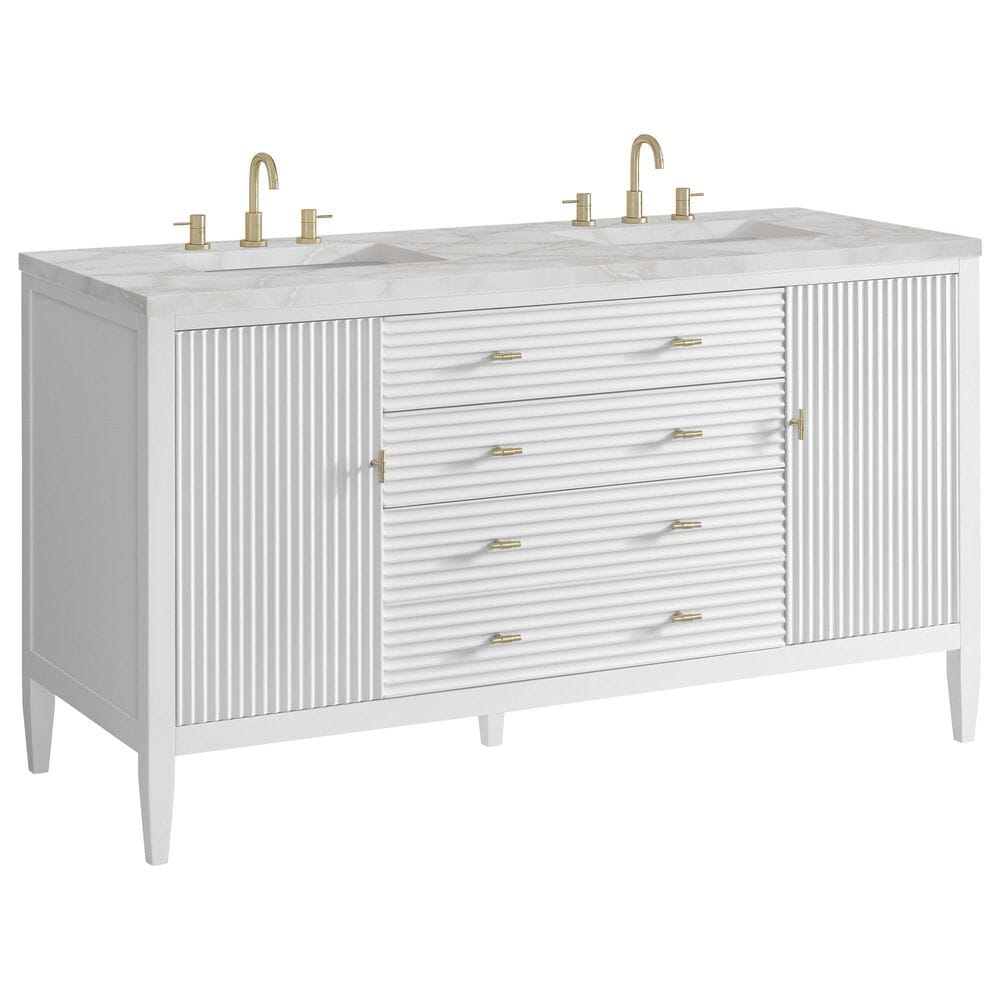 James Martin Vanities Myrrin 60" Double Bathroom Vanity in Bright White with 3 cm Eternal Jasmine Pearl Silestone Top, Rectangular Sinks and FreePower Wireless Charger, , large
