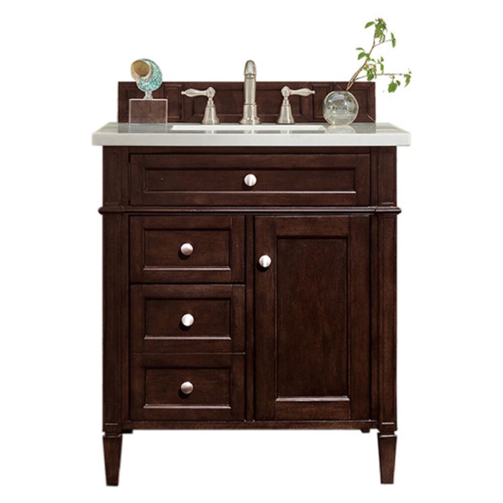 James Martin Vanities Brittany 30" Single Bathroom Vanity in Burnished Mahogany with 3 cm White Zeus Quartz Top and Rectangular Sink, , large