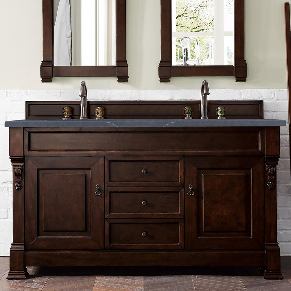 James Martin Vanities Brookfield 60&quot; Double Bathroom Vanity in Burnished Mahogany with 3 cm Charcoal Soapstone Quartz Top and Rectangle Sink, , large
