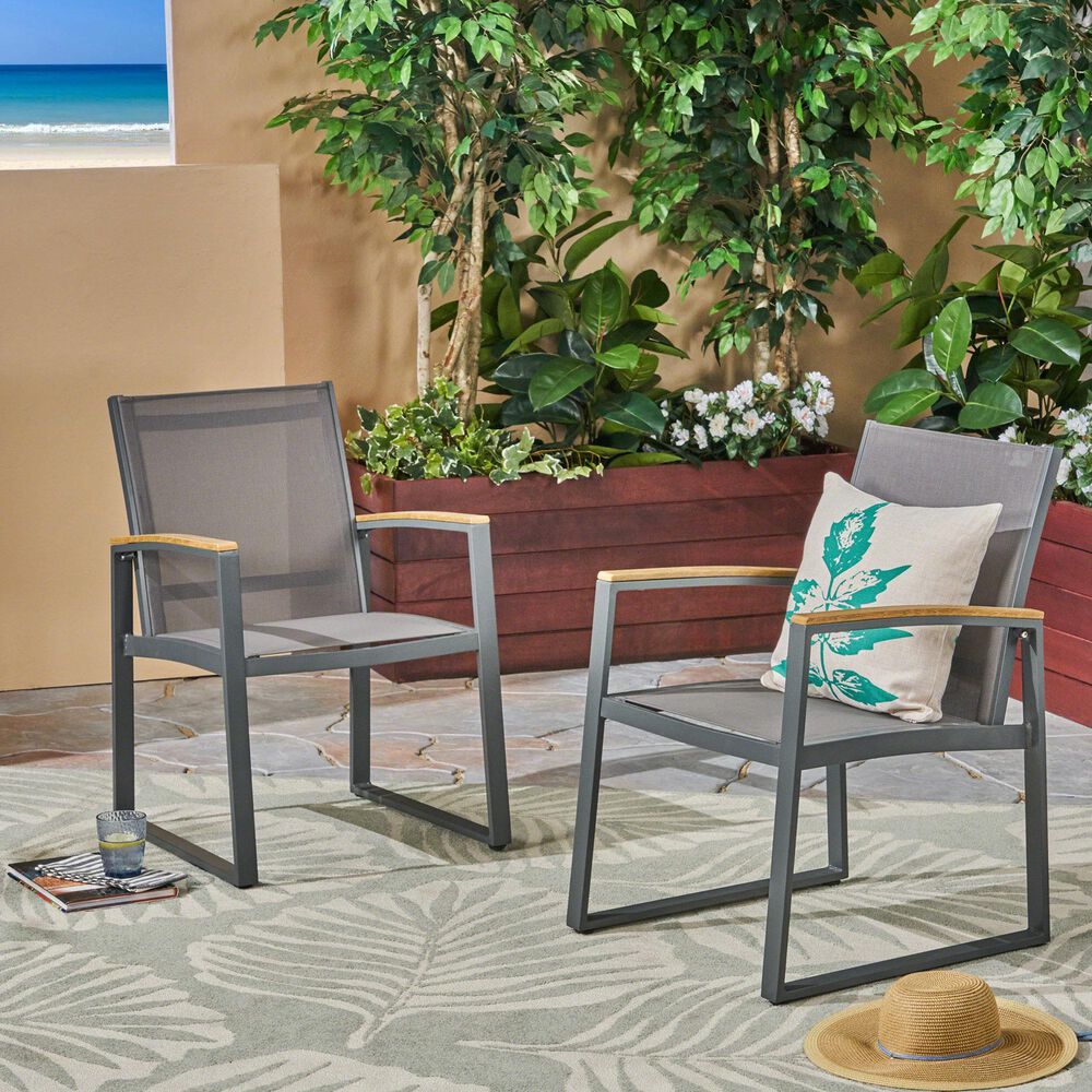 Hearth and Haven Glasgow Outdoor Dining Chair with Mesh Seat in Grey &#40;Set of 2&#41;, , large