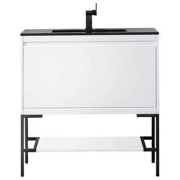 James Martin Mantova 35.4" Single Bathroom Vanity in Glossy White and Matte Black with 2 cm Charcoal Black Resin Countertop and Rectangular Sink, , large