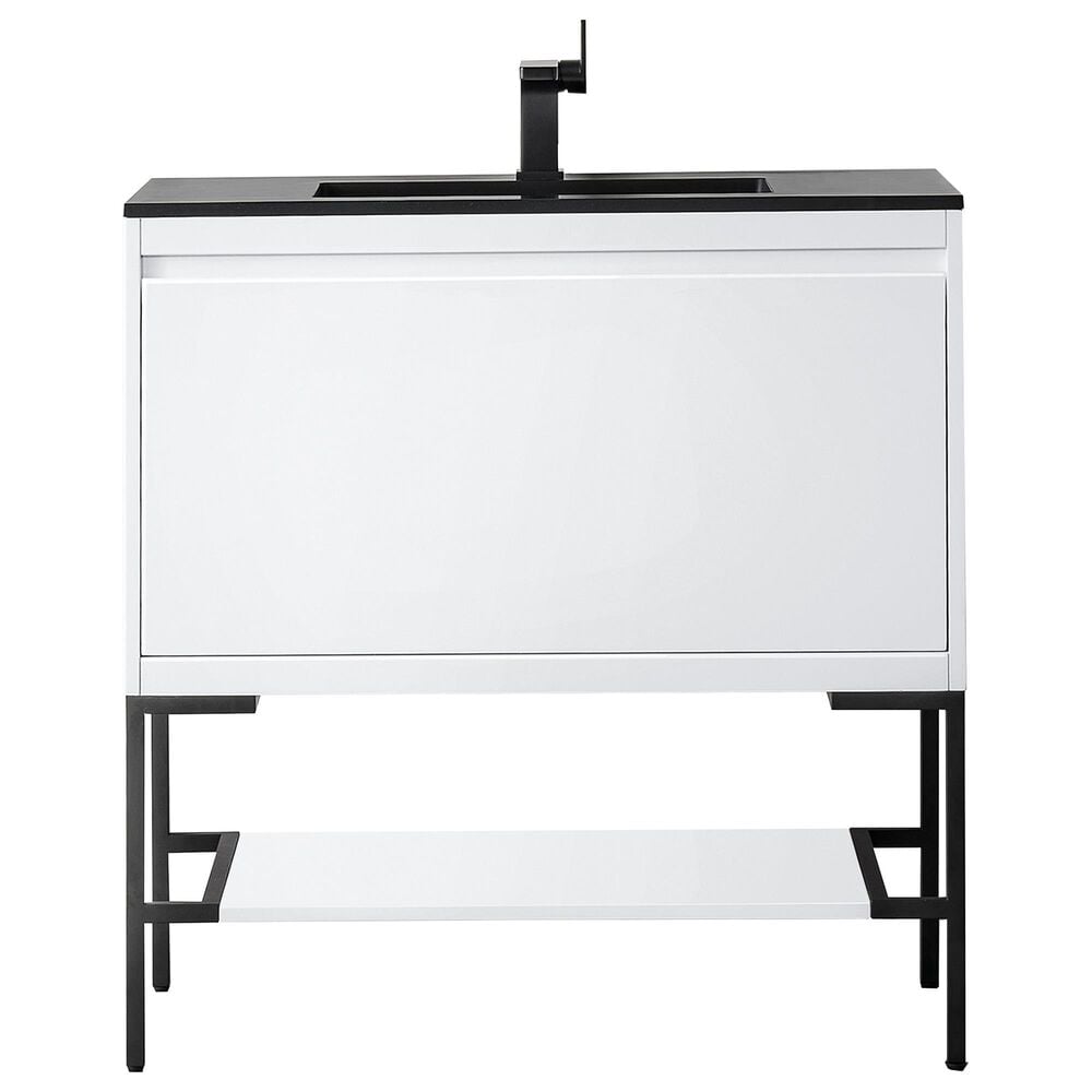 James Martin Mantova 35.4" Single Bathroom Vanity in Glossy White and Matte Black with 2 cm Charcoal Black Resin Countertop and Rectangular Sink, , large