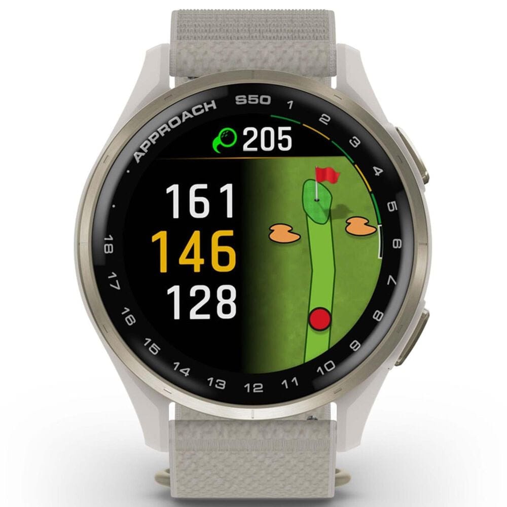 Garmin Approach S50 43mm Golf and Fitness Smartwatch Cream Gold Aluminum Bezel Case with Ivory Nylon Band, , large