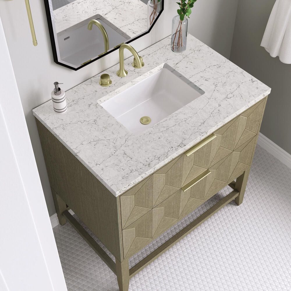 James Martin Vanities Emmeline 36" Single Bathroom Vanity in Pebble Oak with 3 cm Eternal Jasmine Pearl Quartz Top and Rectangular Sink, , large
