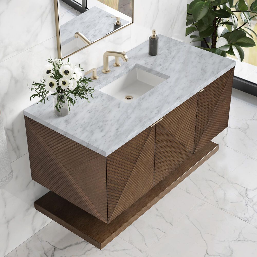 James Martin Vanities Marcello 48&quot; Single Bathroom Vanity in Chestnut with 3 cm Carrara White Marble Top and Rectangular Sink, , large