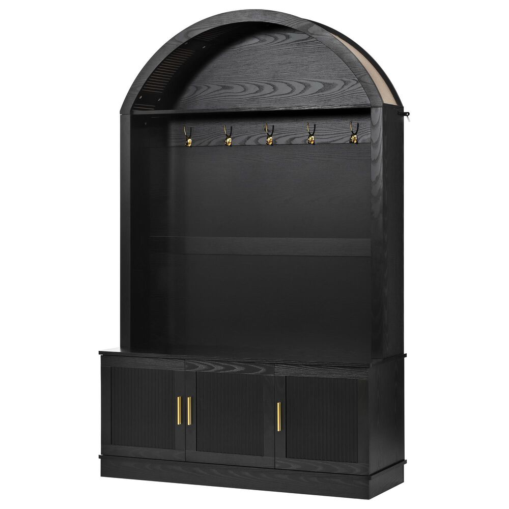 HOMLUX Farmhouse Fabric Arched Top Hall Tree with 5 Metal Hooks and Adjustable Shelves in Black, , large