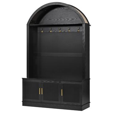 HOMLUX Farmhouse Fabric Arched Top Hall Tree with 5 Metal Hooks and Adjustable Shelves in Black, , large