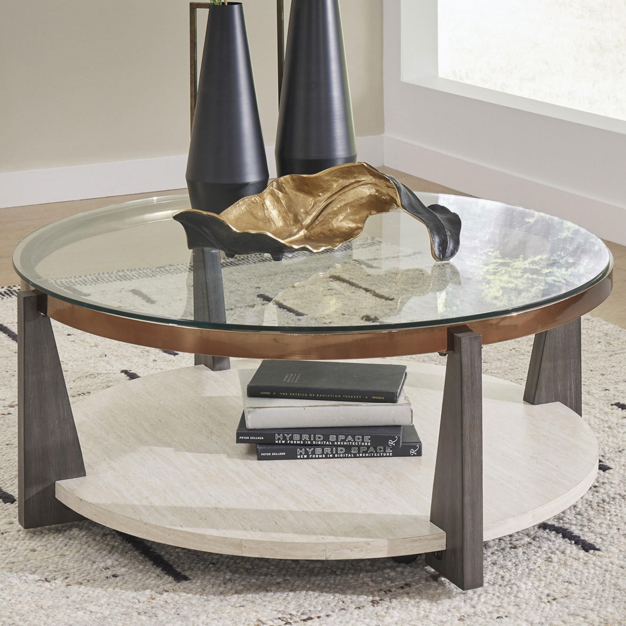 Ashley Frazwa Round Cocktail Table in Grayish Brown, Gold and Clear