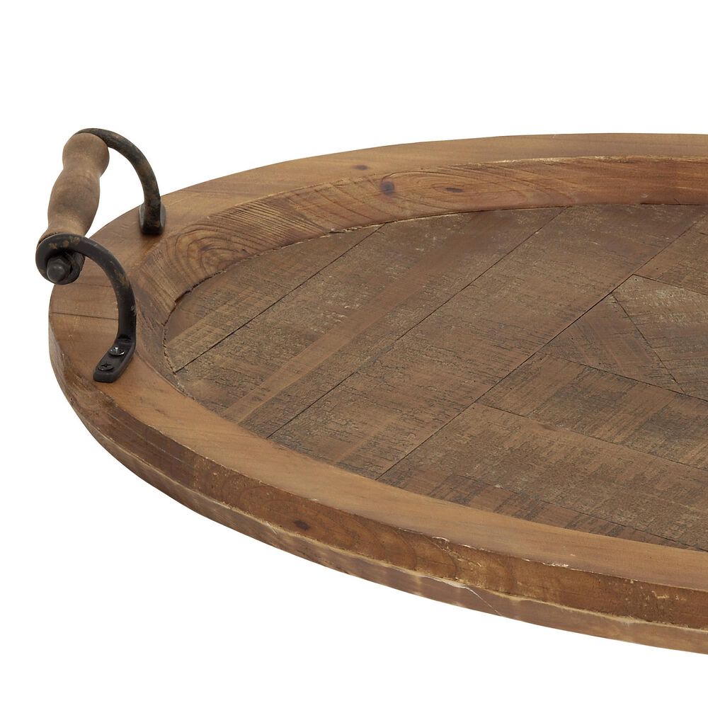 Maple and Jade Oval Tray with Scroll Metal Handles in Oiled Brown, , large