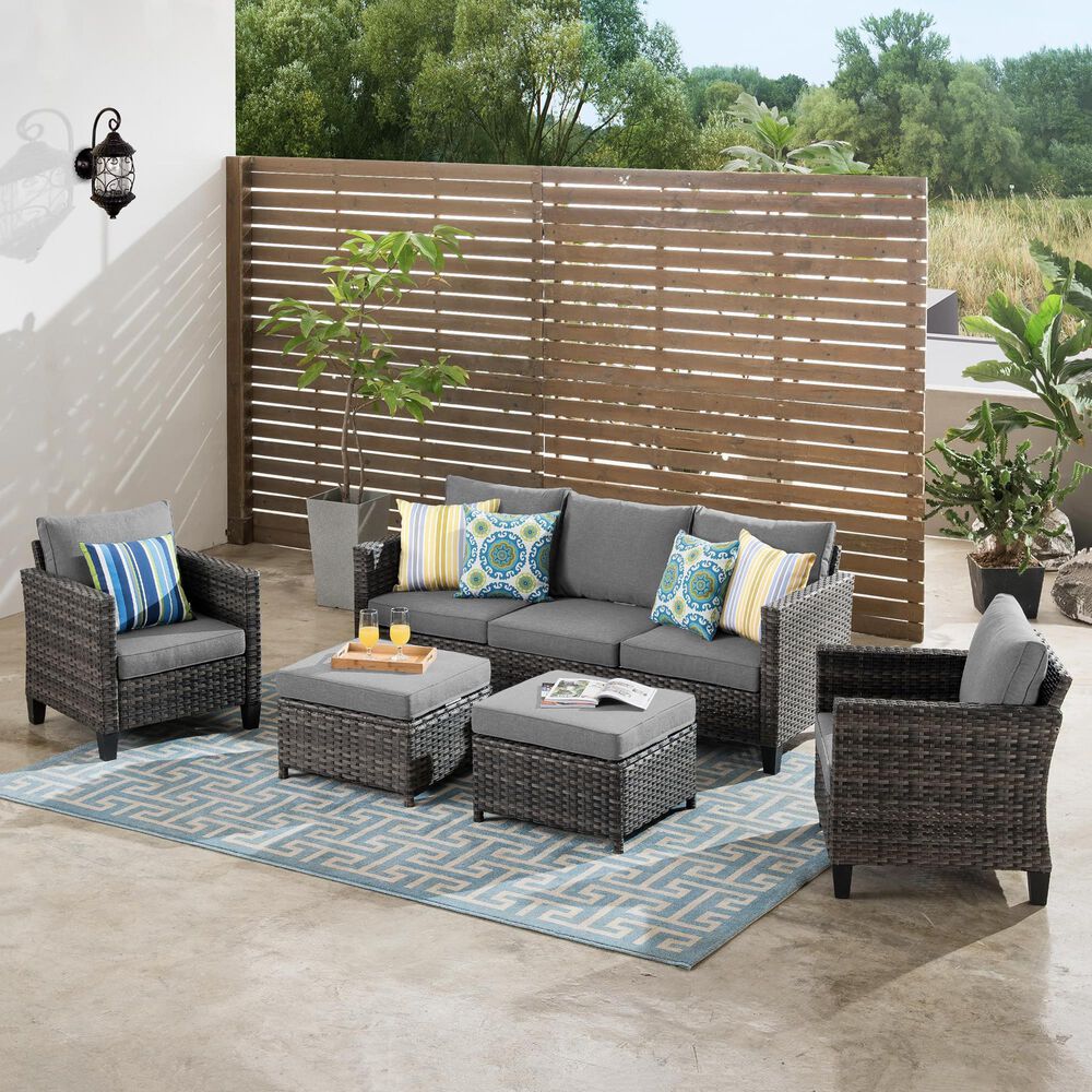 HOMLUX 5-Piece Outdoor Wicker Patio Furniture Set, High Back Rattan Sofa with Chairs, Ottomans &amp; Cushions in Dark Gray, , large
