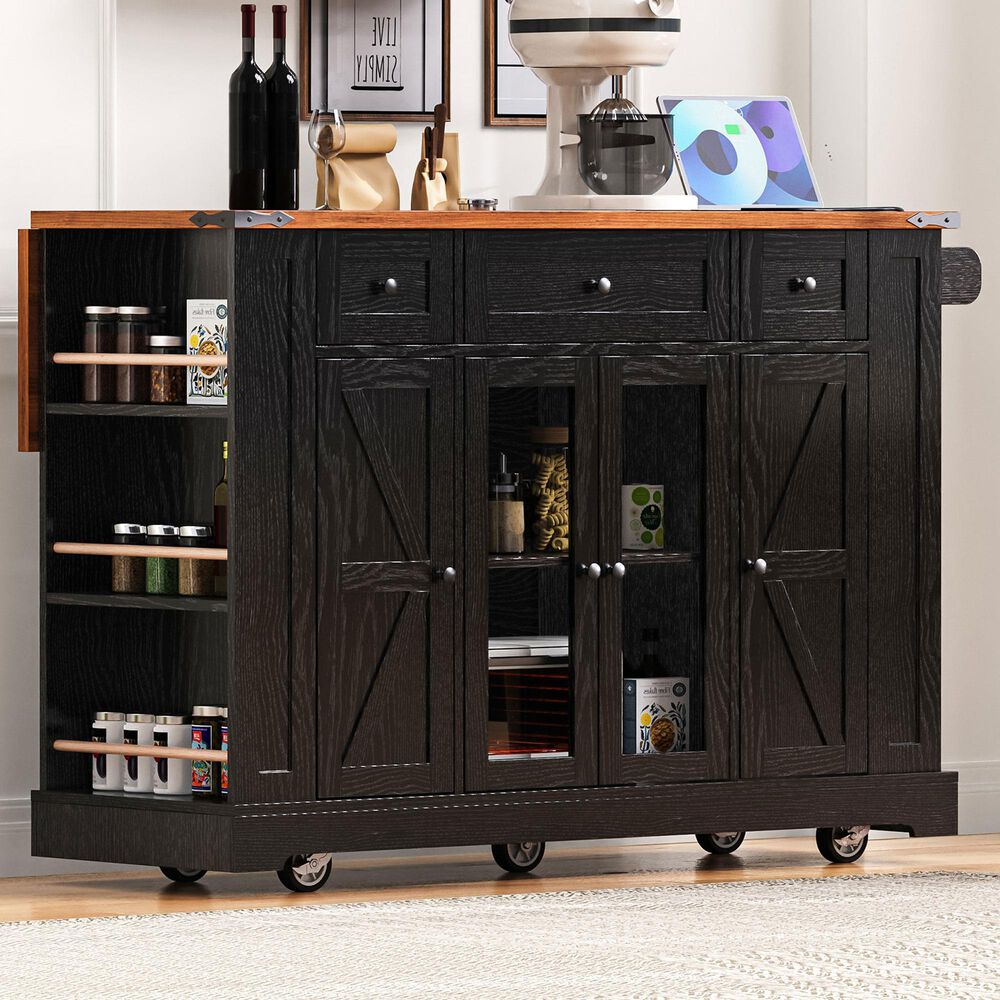HOMLUX 53" Kitchen Island with Two Tempered Glass Cabinet Door in Black, , large