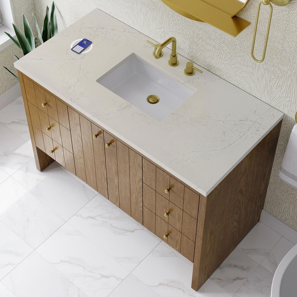 James Martin Hudson 48" Single Bathroom Vanity in Honey Oak with 3 cm Siberian Silestone Top, Rectangular Sink and FreePower Wireless Charger, , large