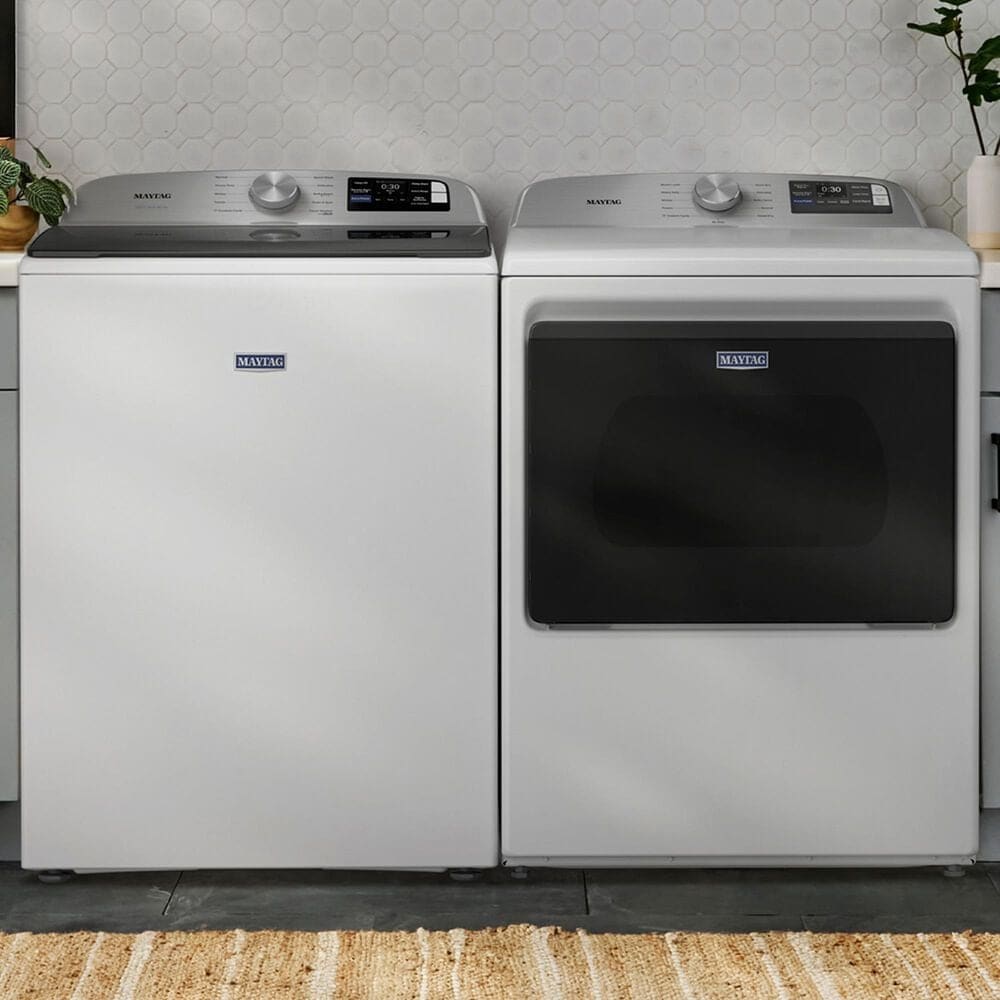 Maytag 5.2 Cu. Ft. Smart Top Load Washer and 7.4 Cu. Ft. Smart Electric Top Load Dryer Laundry Pair in White, , large