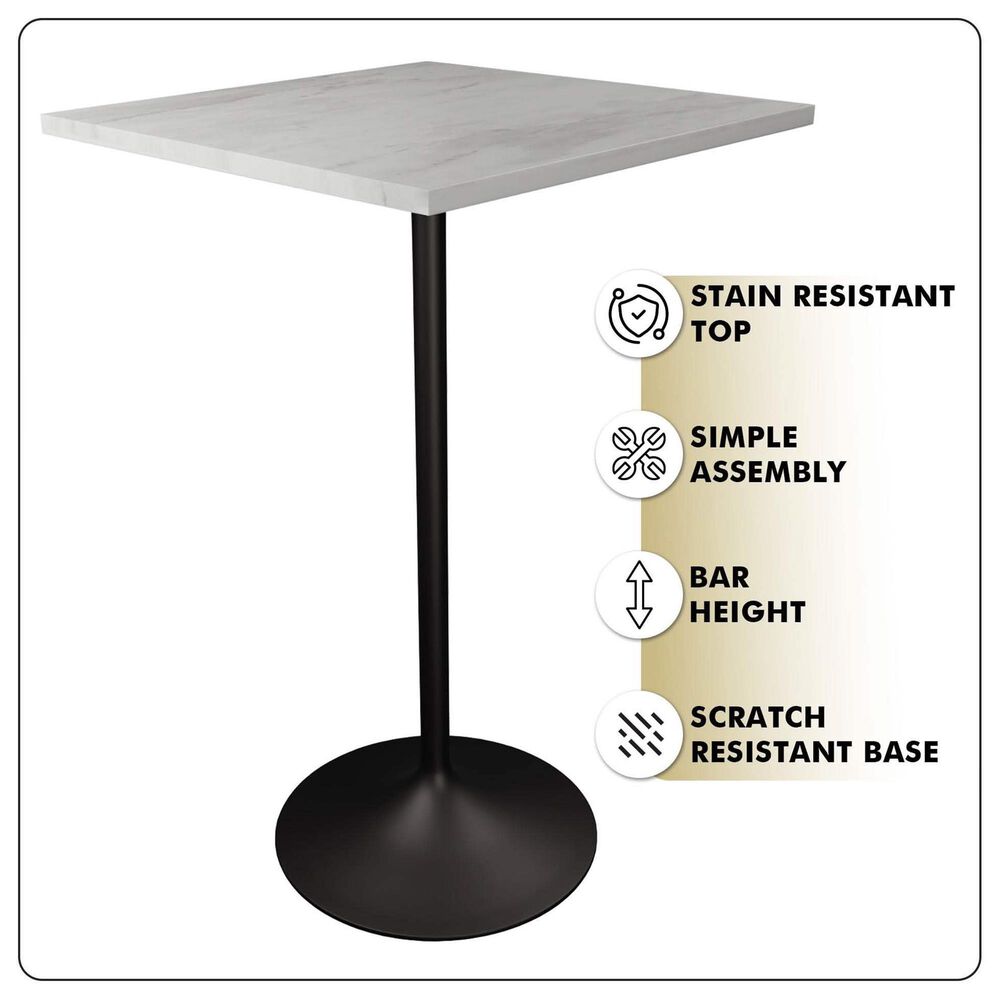 Leisuremod LeisureMod Verve Collection Modern Bar Height Table Black Base with 27 Square Marbleized White Laminated  Top, , large