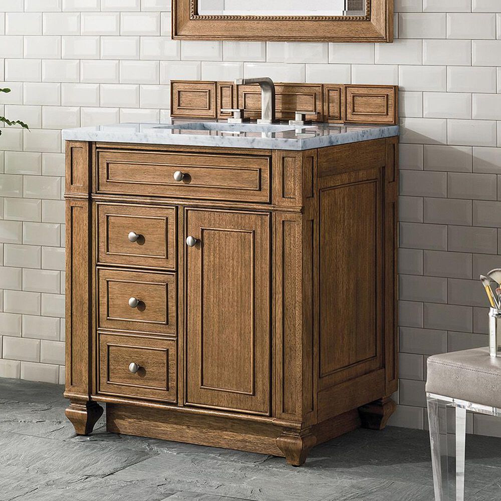 James Martin Vanities Bristol 30&quot; Single Bathroom Vanity in Saddle Brown with 3 cm Eternal Jasmine Pearl Quartz Top and Rectangular Sink, , large