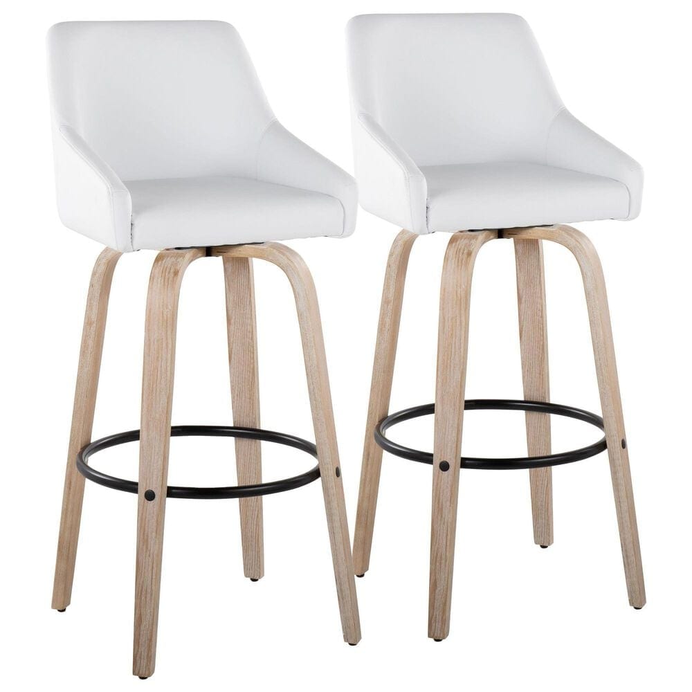 LumiSource Hannah Swivel Bar Stool with White Faux Leather Upholstery in Whitewashed and Black (Set of 2), , large